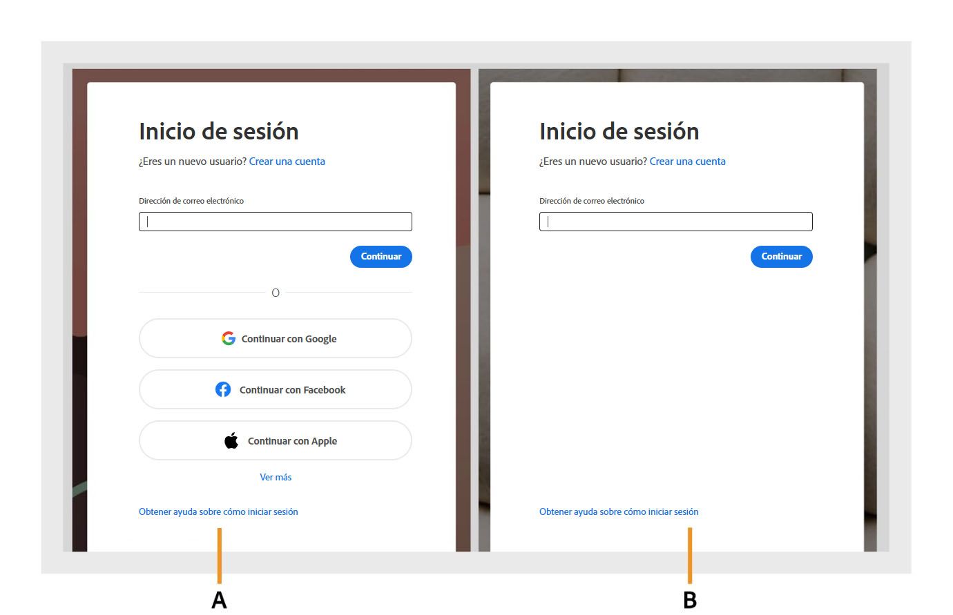 Dos cuadros de diálogo de inicio de sesión de Acrobat, en los que las opciones de inicio de sesión social se muestran en el primer cuadro de diálogo y se ocultan en el segundo.