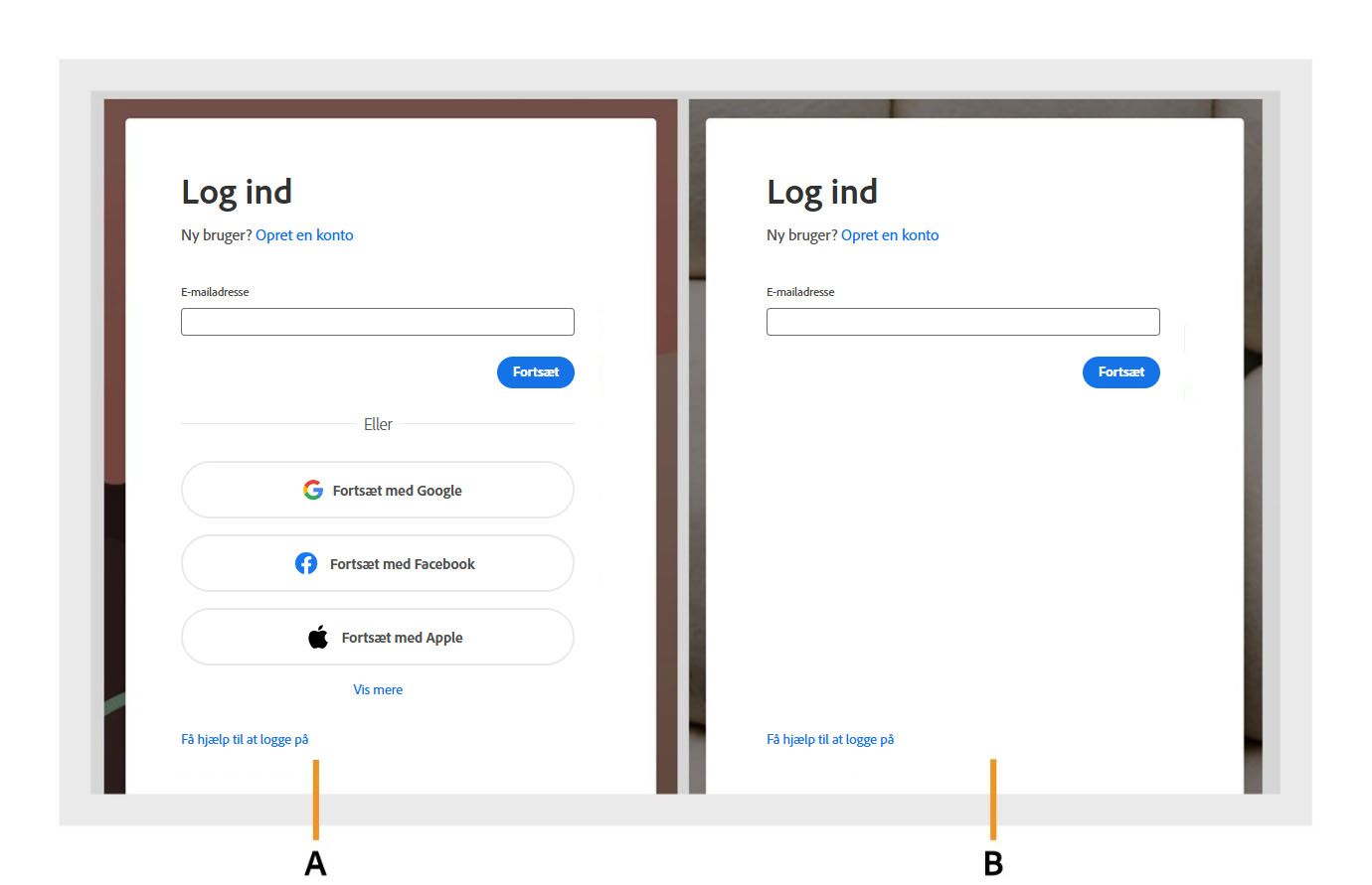 To dialogbokse til at logge på i Acrobat, hvor mulighederne for socialt login vises i den første dialogboks og skjules i den anden.