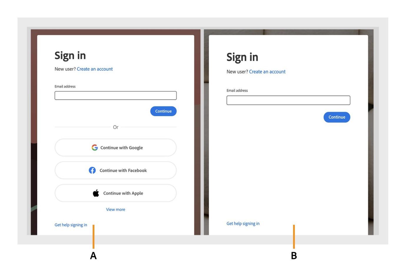 Dalawang sign-in dialog ng Acrobat, kung saan ang mga social login na opsyon ay nakadisplay sa unang dialog at nakatago sa pangalawang dialog.