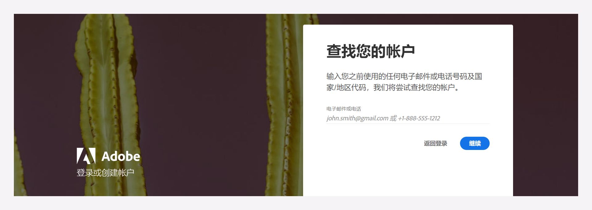 输入您注册时使用的电子邮件地址或电话号码以查找您的帐户。