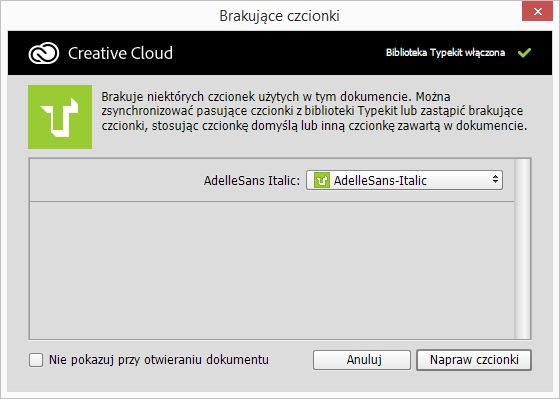 Zastępowanie brakujących czcionek odpowiednikami Typekit w programie Photoshop