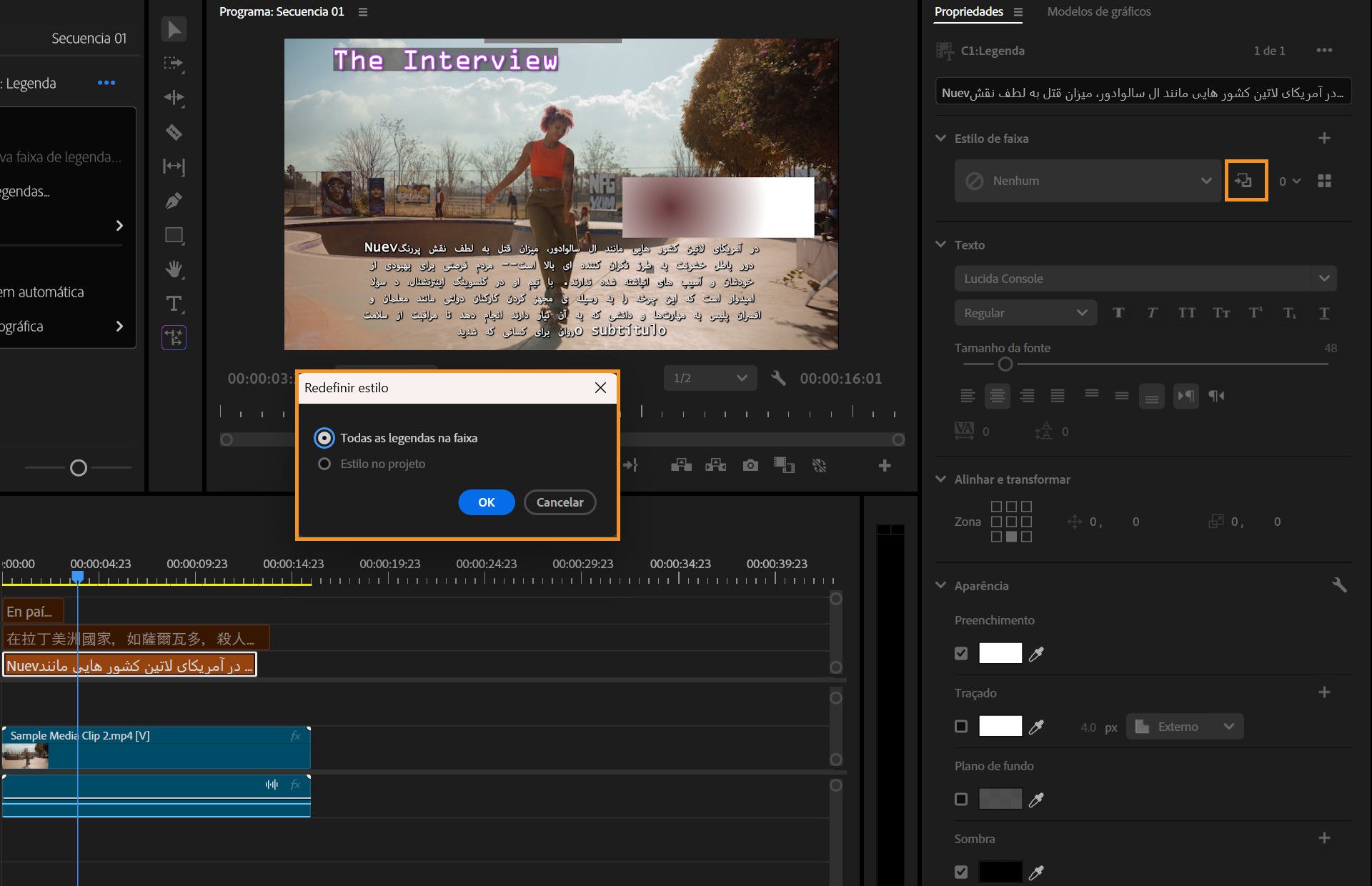 Interface do fluxo de trabalho do painel “Propriedades”, com o ícone de “Redefinir estilo” e a caixa de diálogo de “Redefinir estilo” realçados.