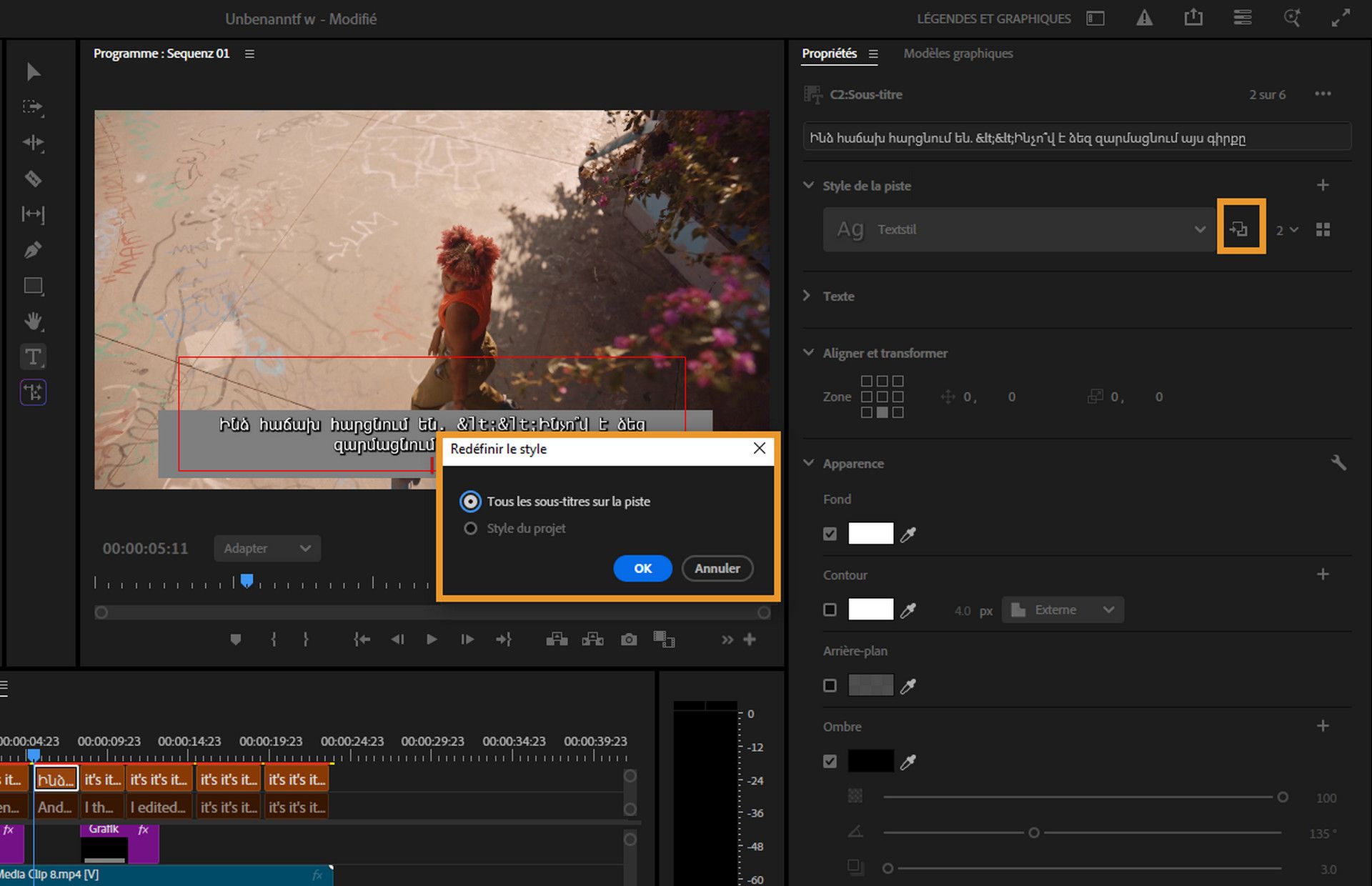 Interface d’utilisation du workflow du panneau Propriétés, avec l’icône Redéfinir le style et la boîte de dialogue Redéfinir le style mises en surbrillance.