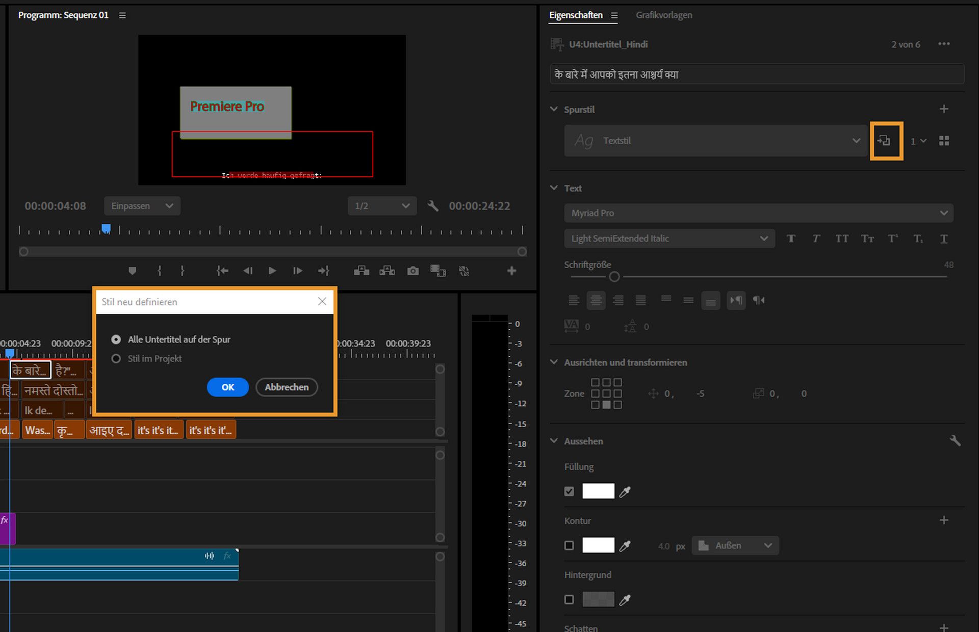 Benutzeroberfläche des Workflows im Bedienfeld „Eigenschaften“, wobei das Symbol „Stil neu definieren“ und das Dialogfeld „Stil neu definiert“ hervorgehoben sind.