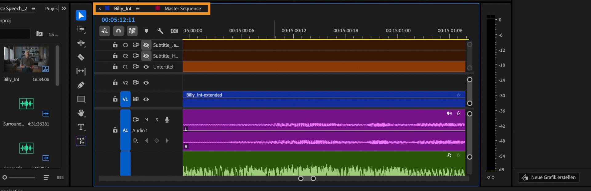 Das Bedienfeld „Schnittfenster“ ist geöffnet und enthält mehrere Audio- und Video-Clips. Jede Sequenzregisterkarte ist mit einer anderen Farbe gekennzeichnet, was eine schnelle Identifizierung und einfache visuelle Kategorisierung der Sequenzen ermöglicht.