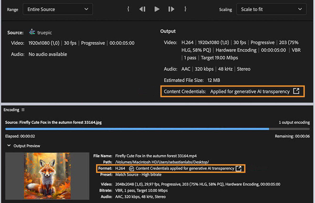 Finestra di esportazione con content credentials evidenziate sotto Output e Anteprima output.