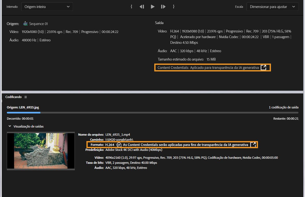 Janela de exportação com Content Credentials destacadas em Saída e Visualização de saída.