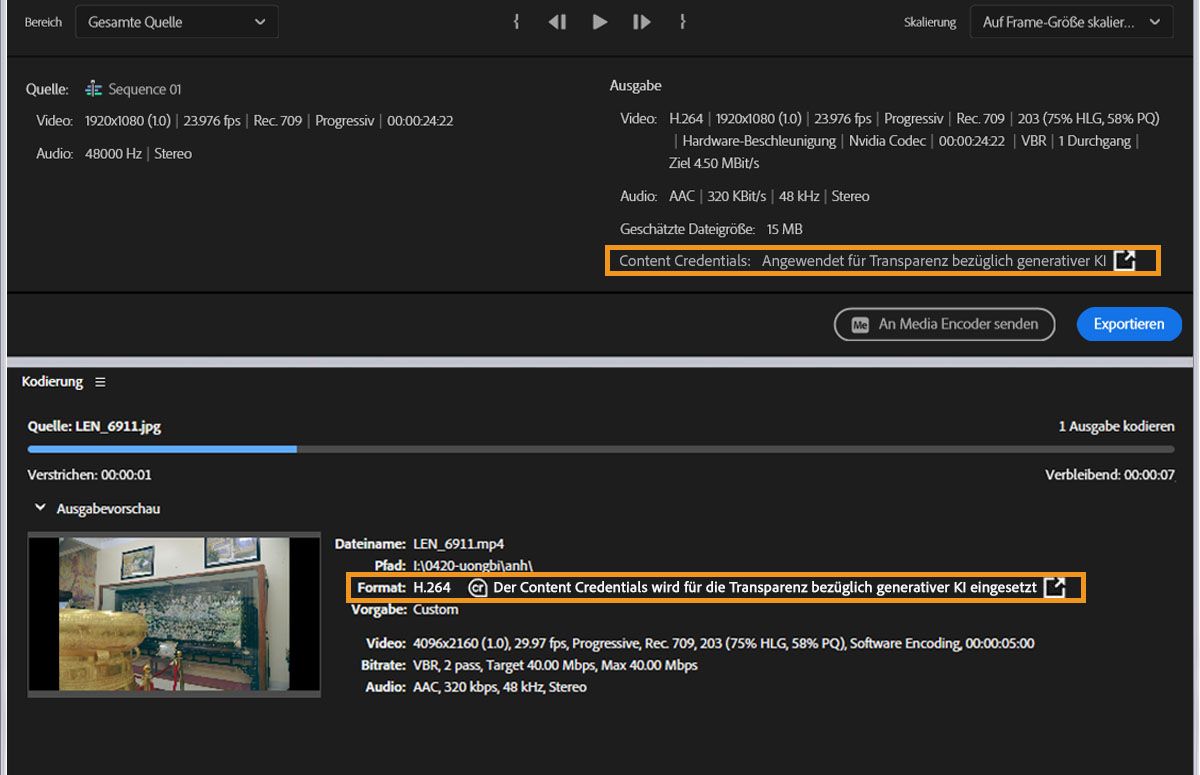 Das Fenster „Export“ mir hervorgehobener Option „Content Credentials“ unter „Ausgabe“ und „Ausgabevorschau“.