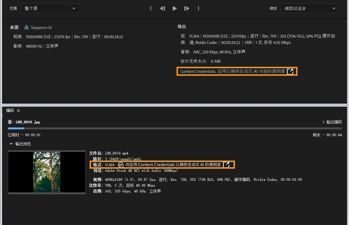 导出窗口，其中“输出”和“输出预览”下方的 Content Credentials标记已高亮显示。