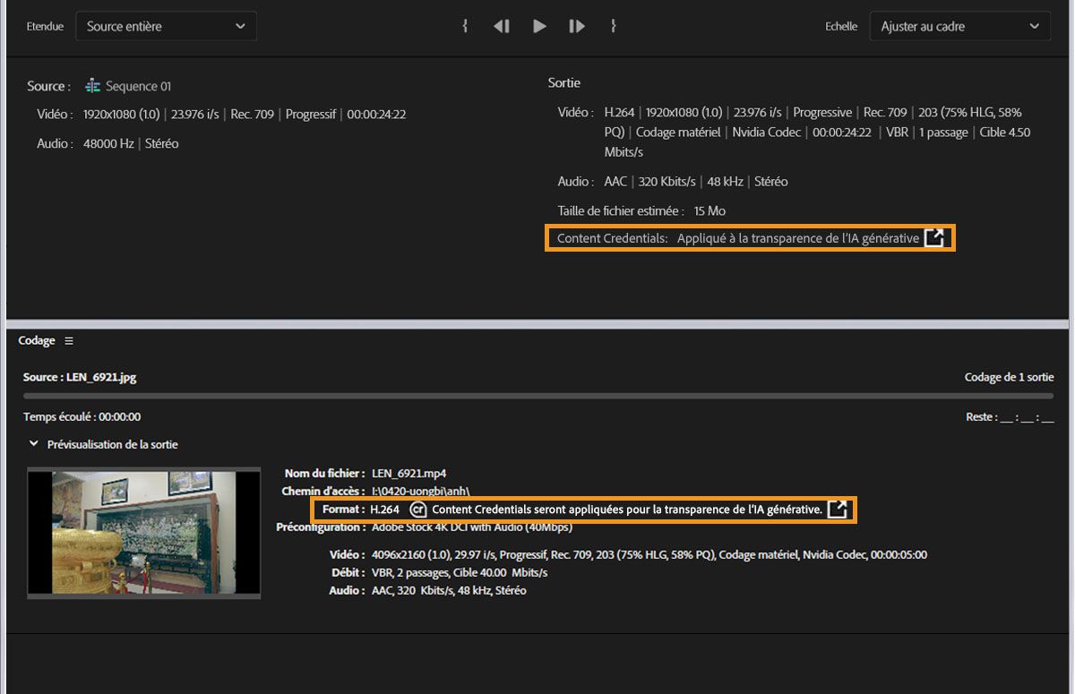 L’interface d’utilisation affiche la fenêtre d’export avec les Content Credentials mis en surbrillance sous Sortie et Prévisualisation de la sortie.