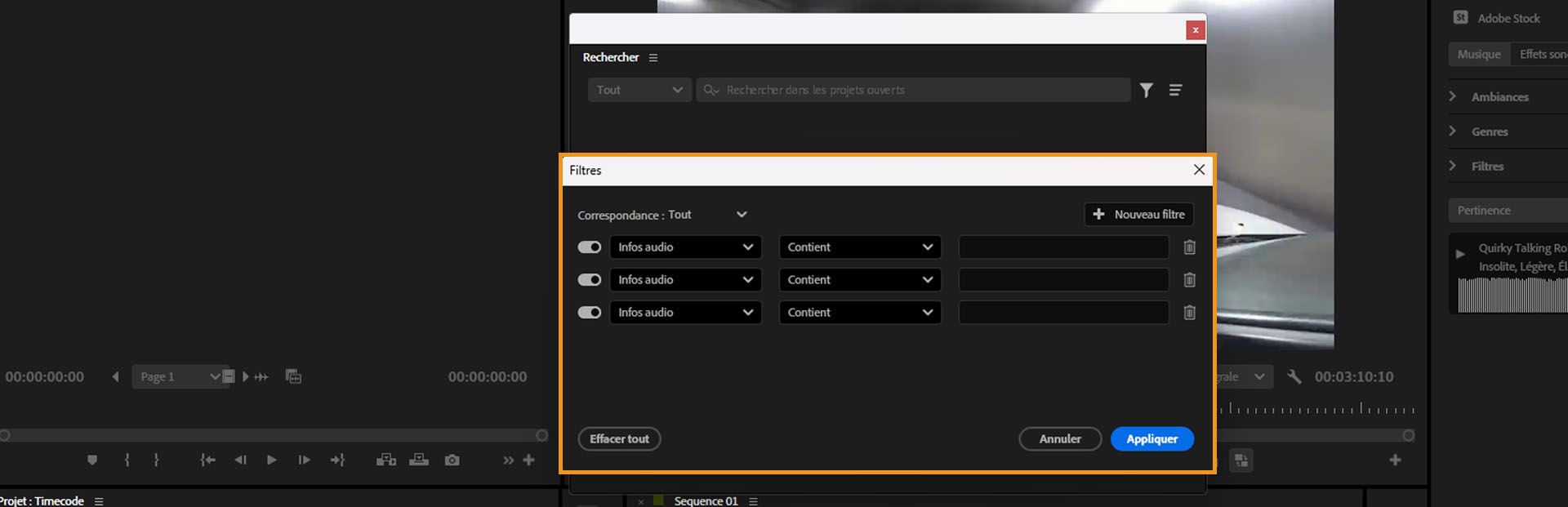 La boîte de dialogue Filtres est ouverte et présente plusieurs options de filtrage avancé pour vous aider à rechercher les médias que vous souhaitez.