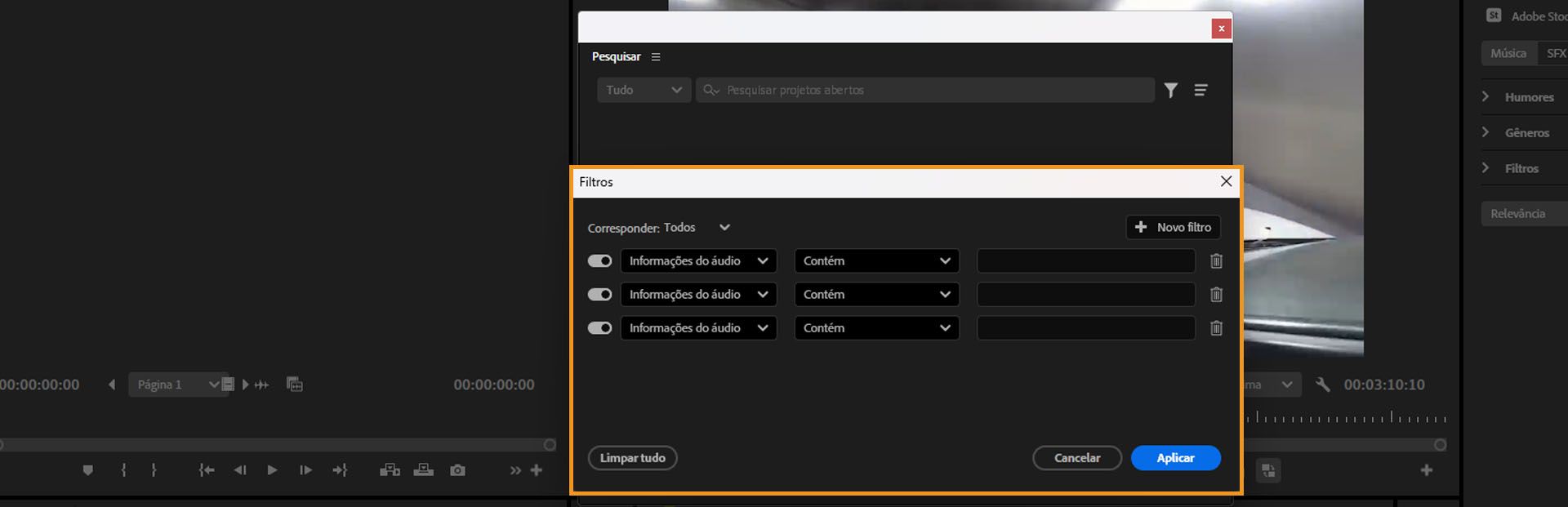 A caixa de diálogo Filtros é aberta e várias opções avançadas de filtragem estão disponíveis para ajudar você a pesquisar a mídia que está procurando.