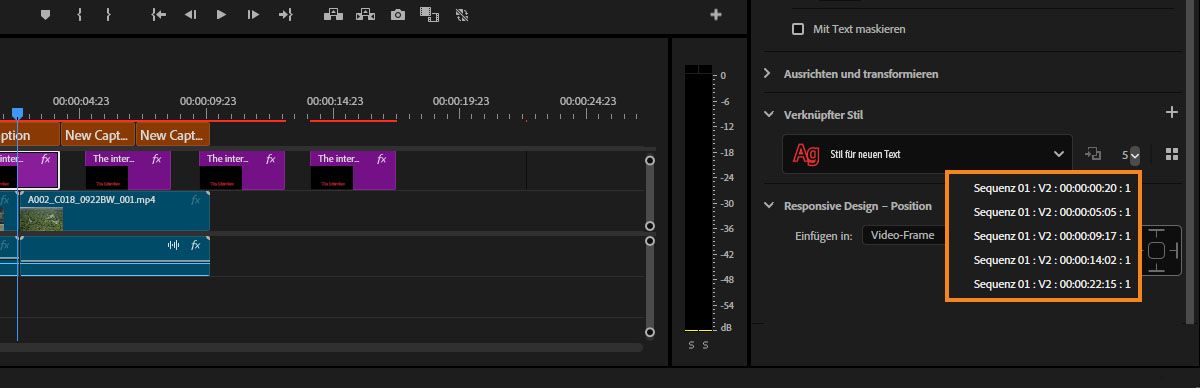 Die Benutzeroberfläche zeigt die Anzeige mit der Platzierungsfolge der verschiedenen Textstile an.