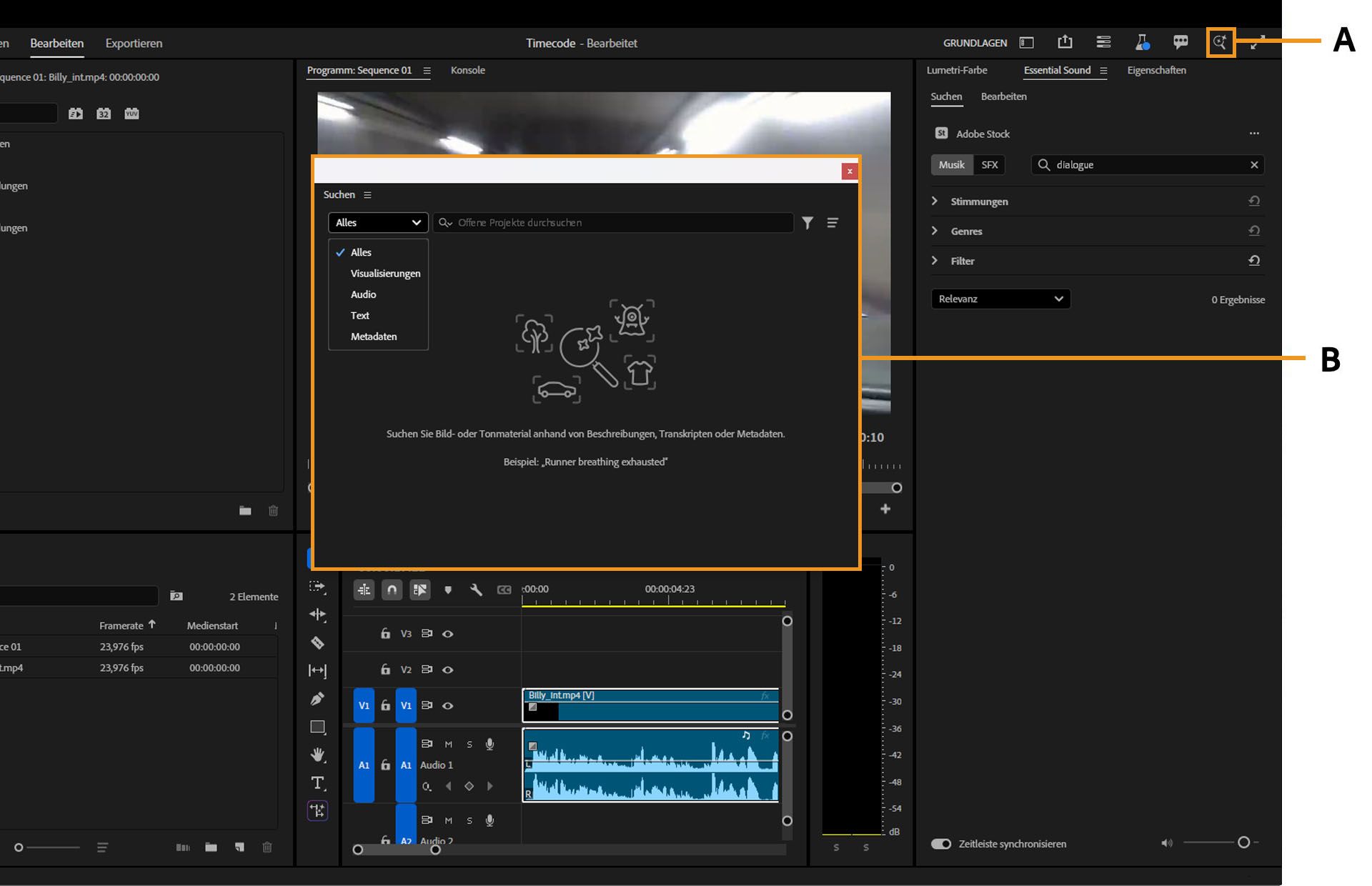 In der Benutzeroberfläche ist oben rechts im Hauptfenster von Premiere Pro ein Lupensymbol zu sehen, über das das Suchfenster mit einem Suchfeld geöffnet wird.