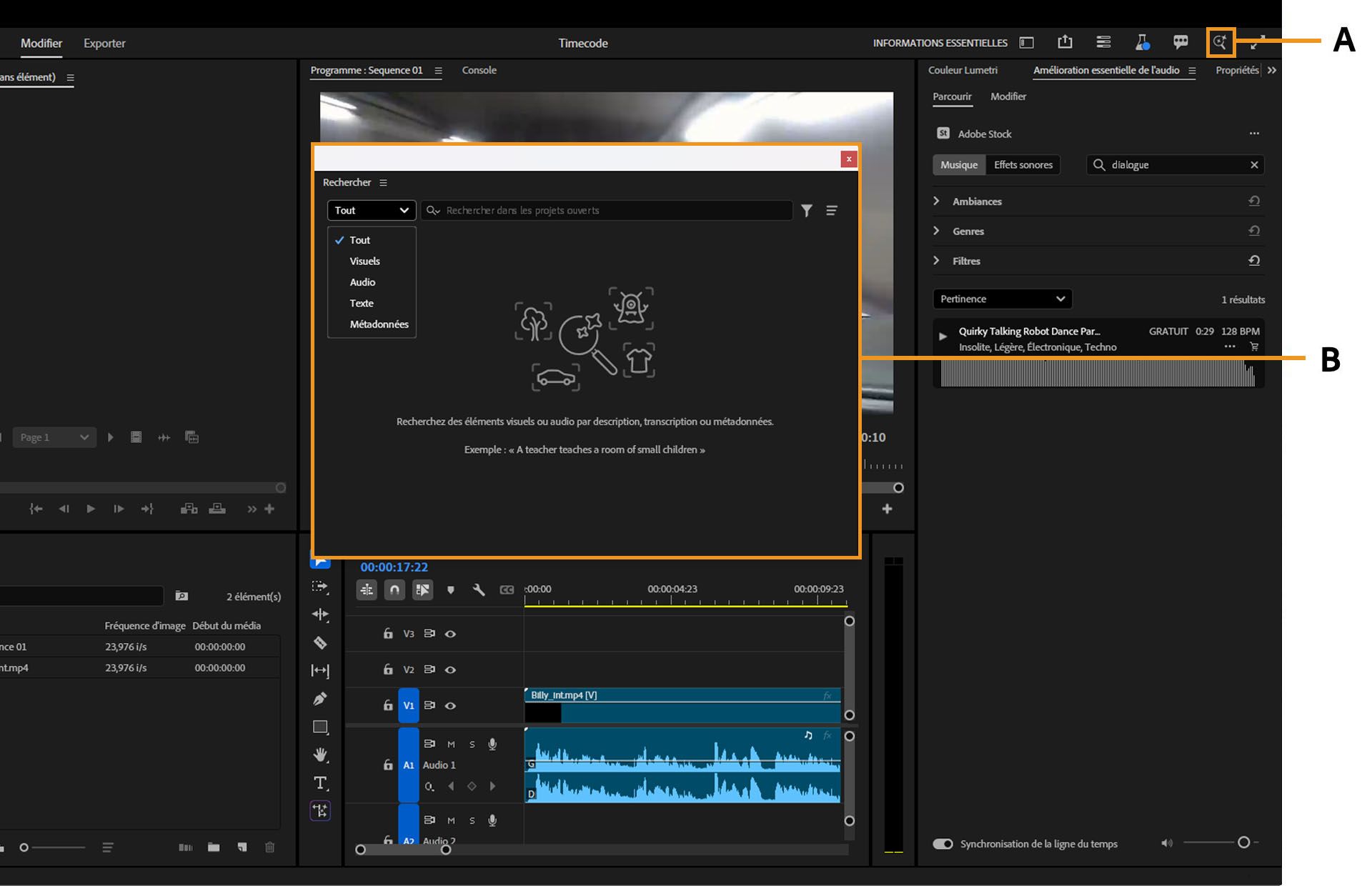L’interface d’utilisation affiche la loupe dans l’angle supérieur droit de la fenêtre principale de Premiere Pro qui ouvre la fenêtre de recherche avec un champ de recherche.