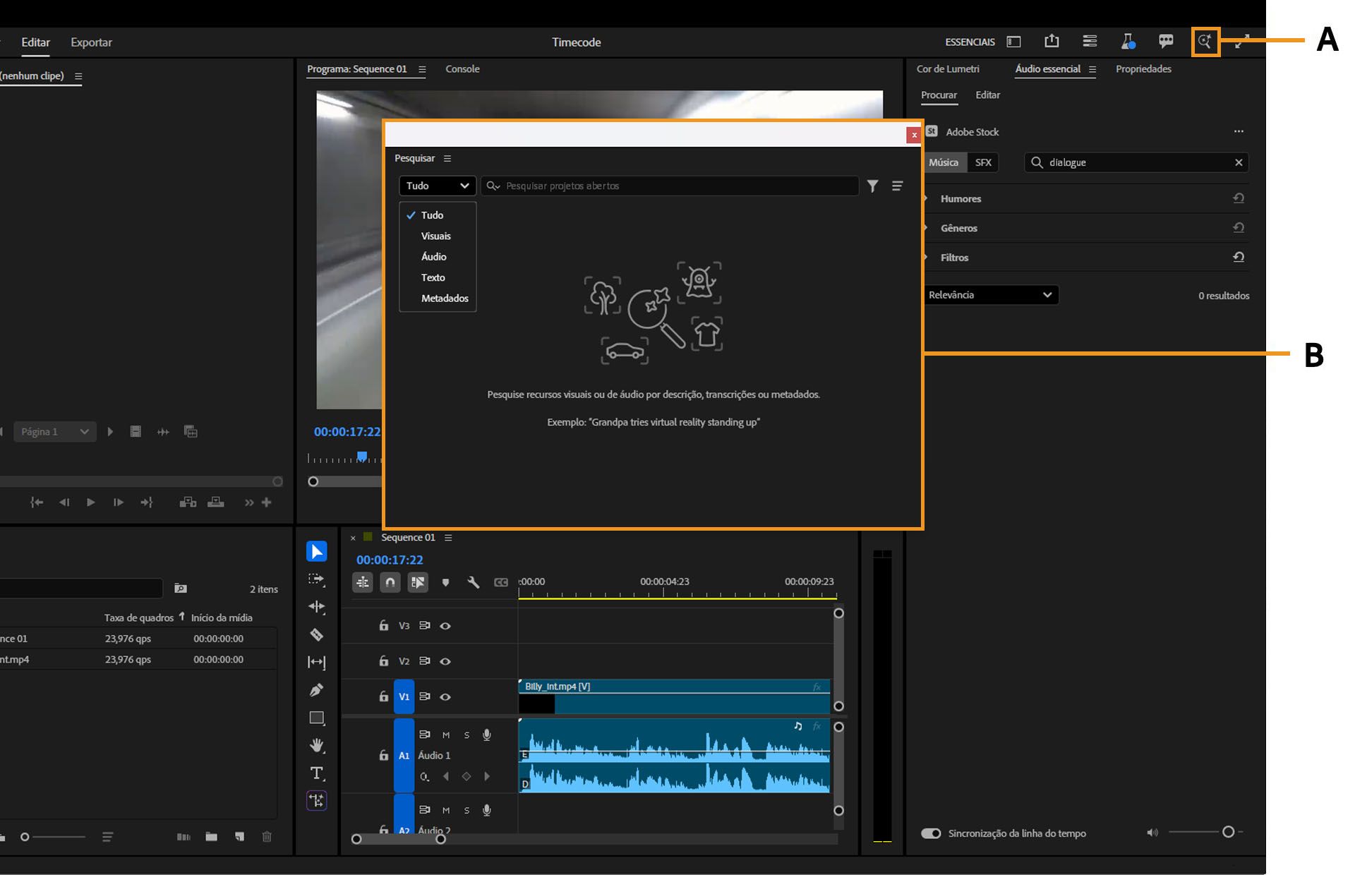 A interface mostra a lupa no canto superior direito da janela principal do Premiere Pro, que abre a janela de pesquisa com um campo de pesquisa.