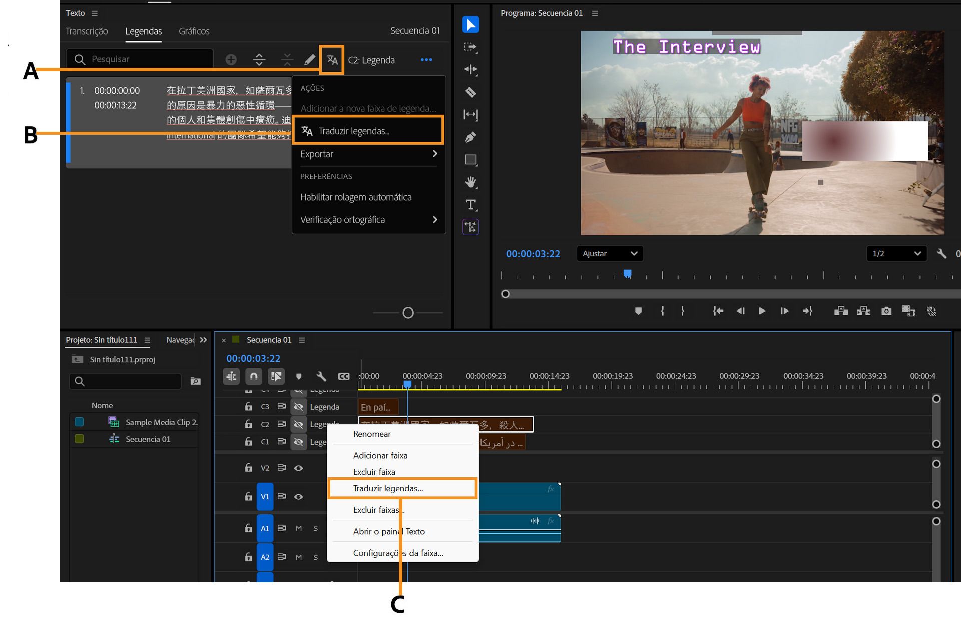 Os espaços de trabalho do Premiere Pro exibem vários painéis e destacam três fluxos de trabalho específicos que auxiliam na tradução de legendas.