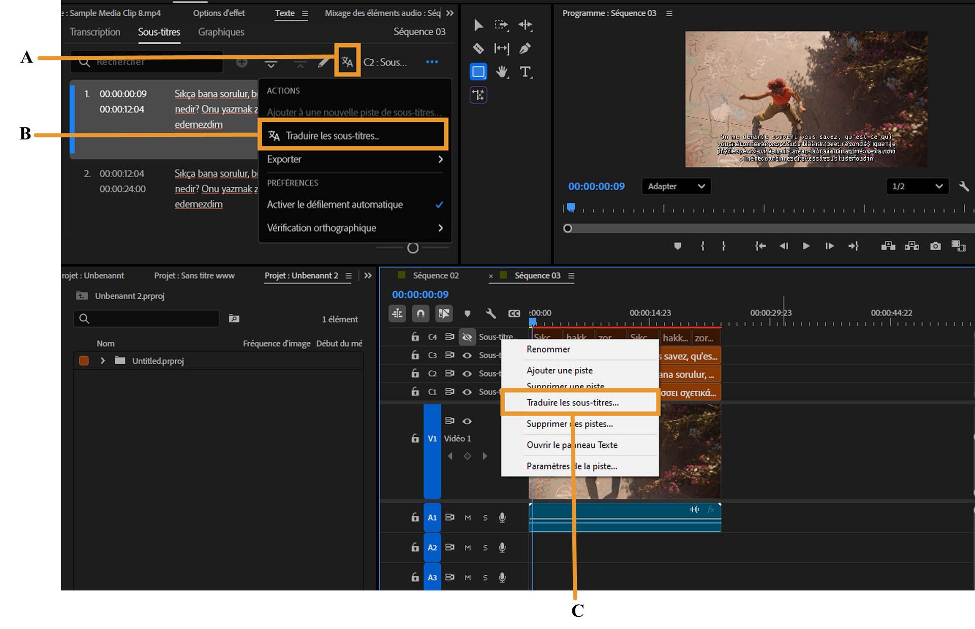 Les espaces de travail de Premiere Pro affichent divers panneaux et mettent en surbrillance trois workflows spécifiques qui aident à traduire les sous-titres.