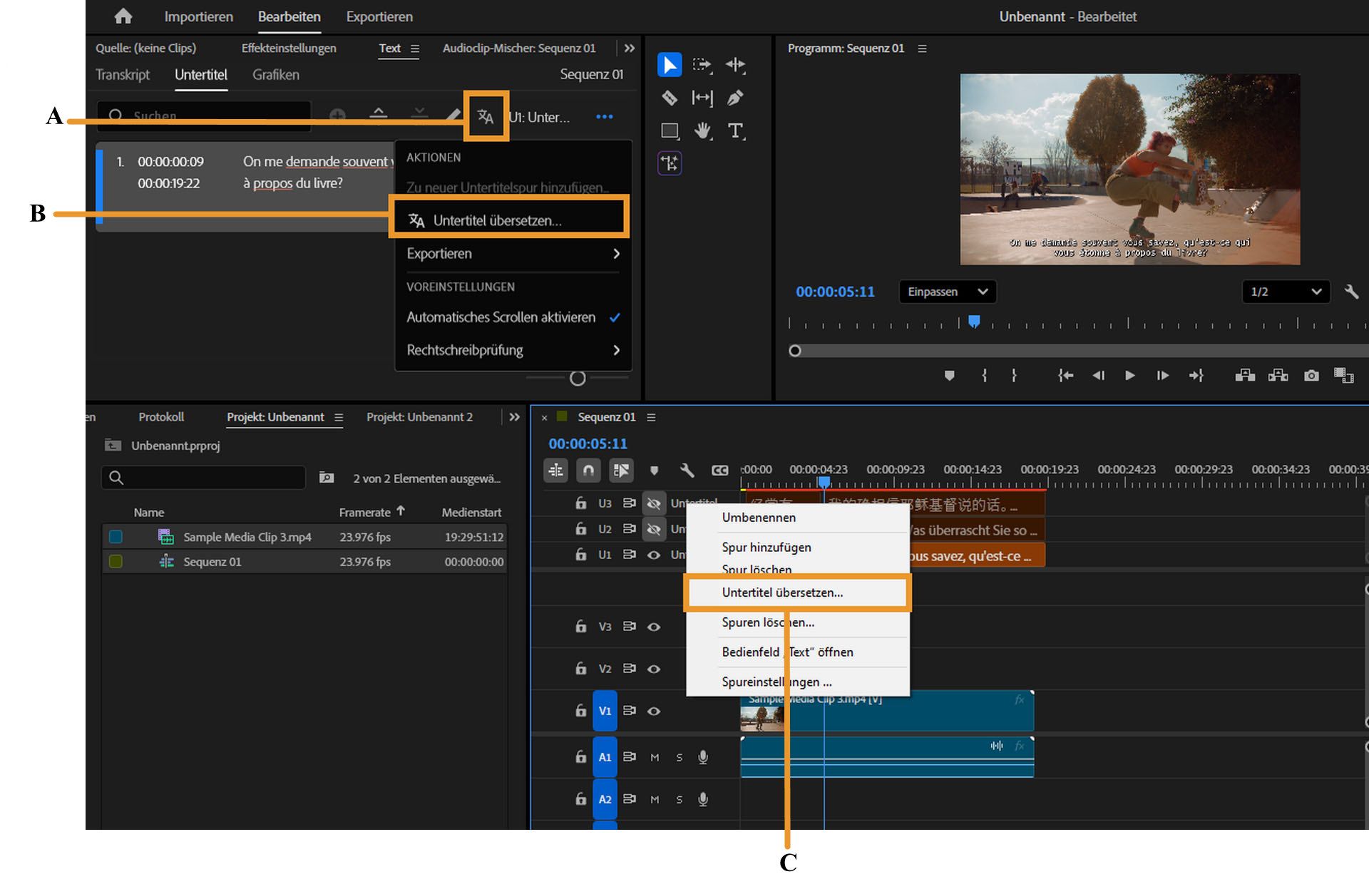 Premiere Pro-Arbeitsbereiche zeigen verschiedene Bedienfelder an und heben drei spezifische Workflows hervor, die beim Übersetzen von Untertiteln unterstützen.