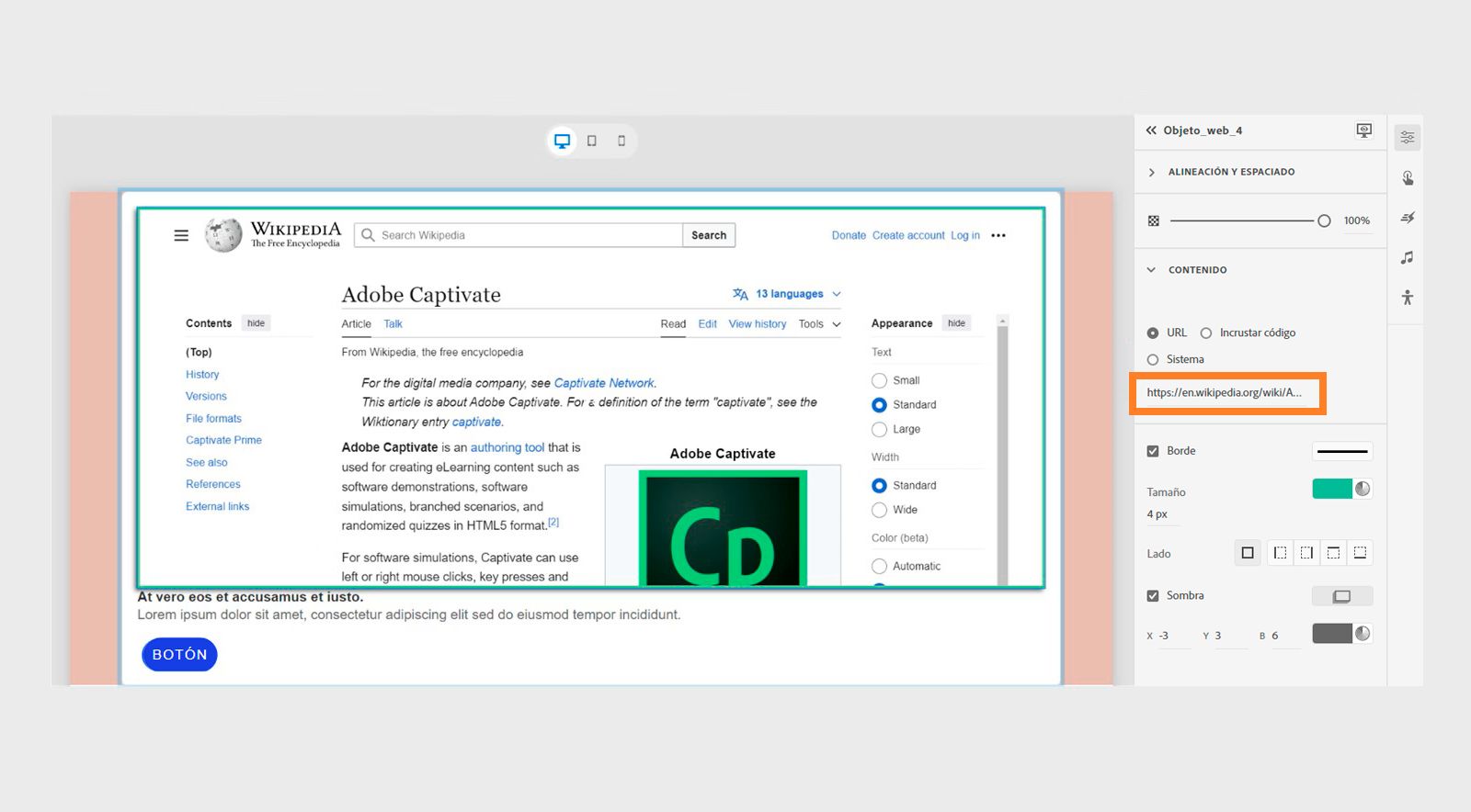 Añadir una dirección URL como objeto web