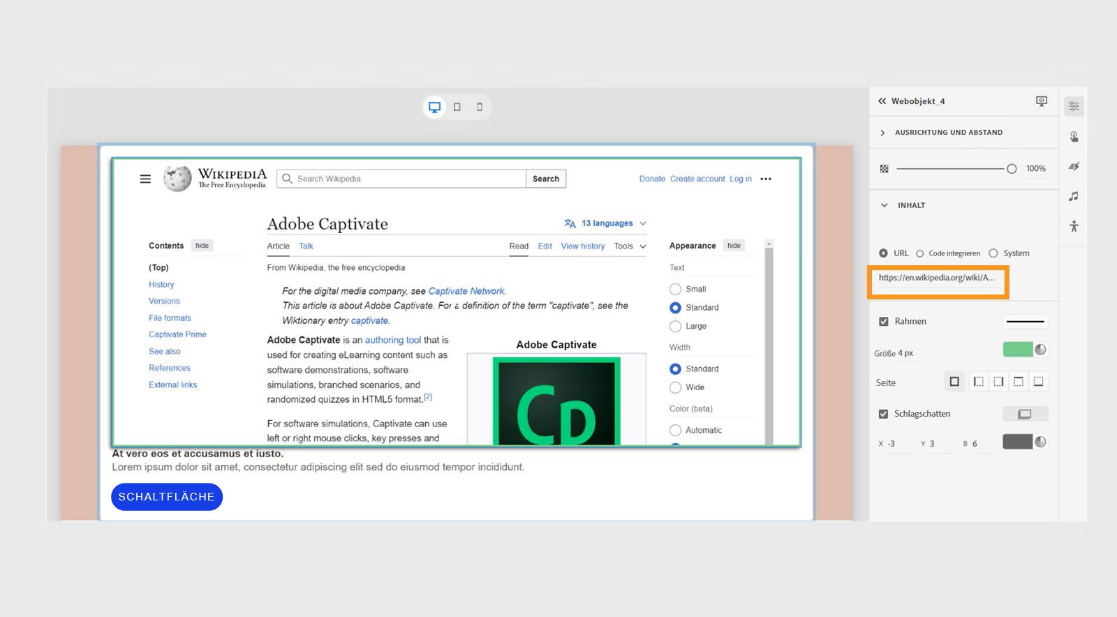 Hinzufügen einer URL eines Web-Objekts