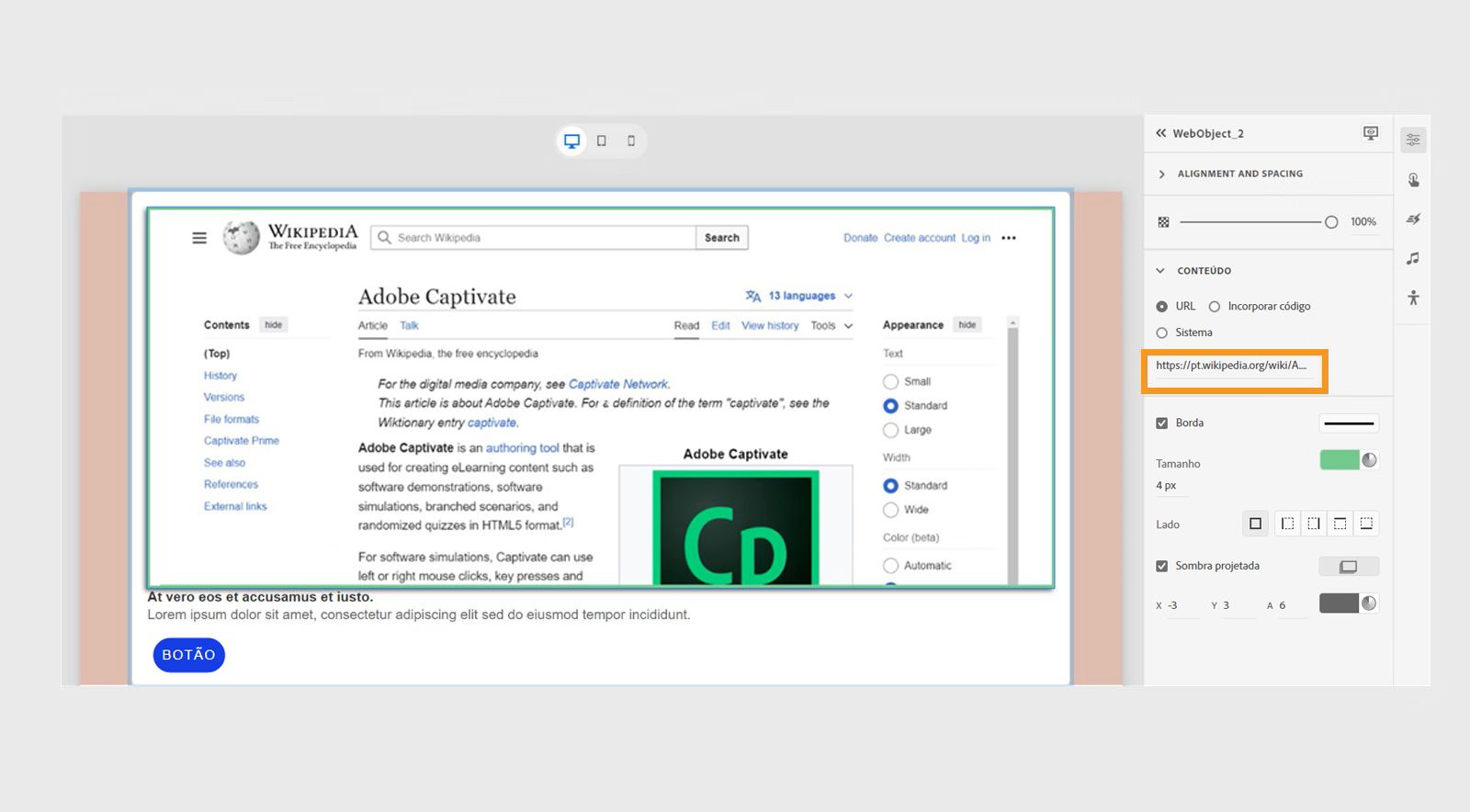 Adicionar uma URL de um objeto da Web