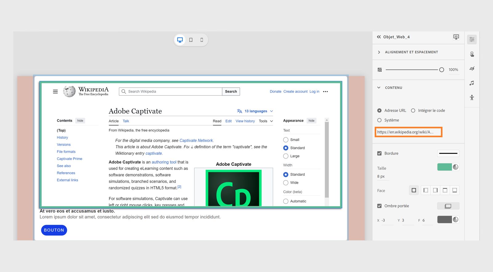 Ajout de l’URL d’un objet Web