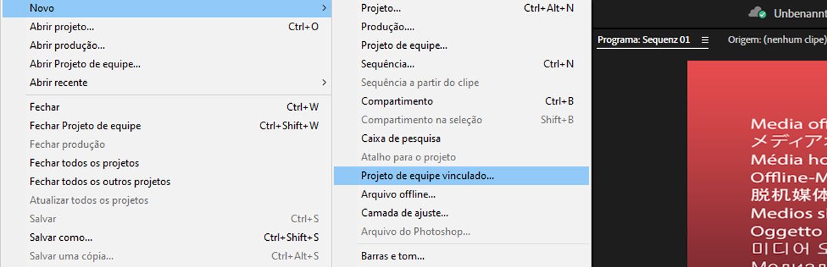 No menu Novo, a opção Projeto de Equipe Vinculado está destacada para criar um novo Projeto de Equipe vinculado a outro.