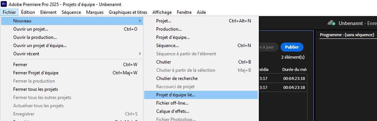Dans le menu Nouveau, l'option Projet Team Project lié est mise en surbrillance pour créer un nouveau projet Team Project lié à un autre.