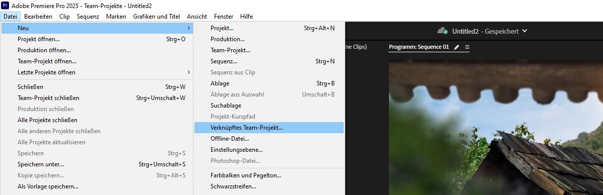Im Menü „Neu“ ist die Option „Verknüpftes Team-Projekt“ hervorgehoben, mit der ein neues Team-Projekt erstellt wird, das mit einem anderen verknüpft ist.
