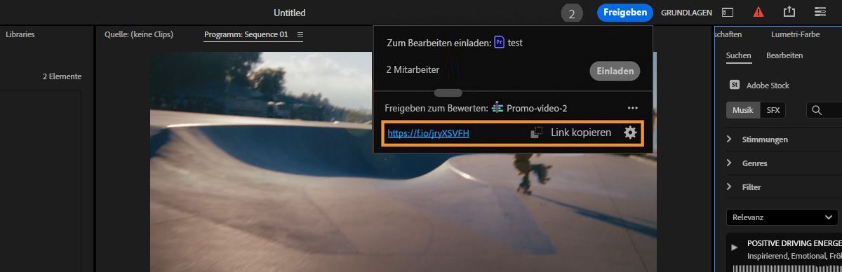 Im Bereich „Für Review freigeben“ wird ein Überprüfungs-Link erstellt. Um den Link freizugeben, kannst du ihn auswählen oder kopieren.