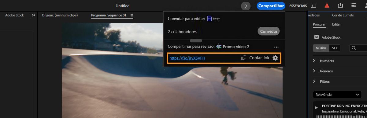 Na seção Compartilhar para revisão, um link de revisão é criado. Há opções para selecionar o link ou copiá-lo para compartilhamento.