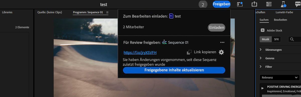 Im Bereich „Zum Review freigeben“ wird die Option „Freigegebene Inhalte aktualisieren“ angezeigt, mit der Änderungen in die aktive Sequenz übertragen werden können.