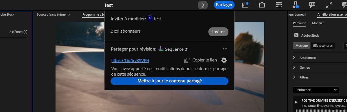 Dans la section Partager pour révision, l’option Mettre à jour le contenu partagé permet de publier les modifications apportées à la séquence active.