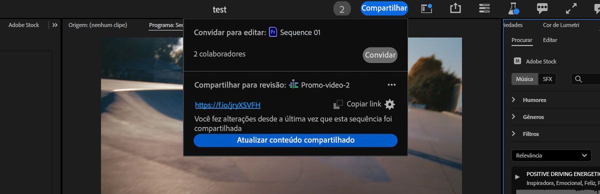 Na seção Compartilhar para revisão, use a opção Atualizar o conteúdo compartilhado para enviar as alterações feitas na sequência ativa.