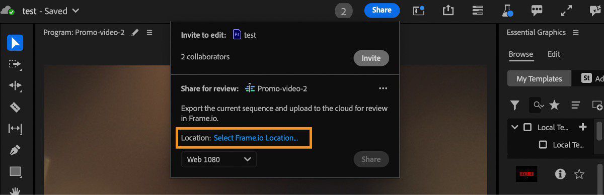 Nella sezione Condividi per la revisione è evidenziato il collegamento Seleziona la posizione di Frame.io. Puoi utilizzare questo collegamento per scegliere una destinazione in Frame.io in cui salvare la tua sequenza attiva.  