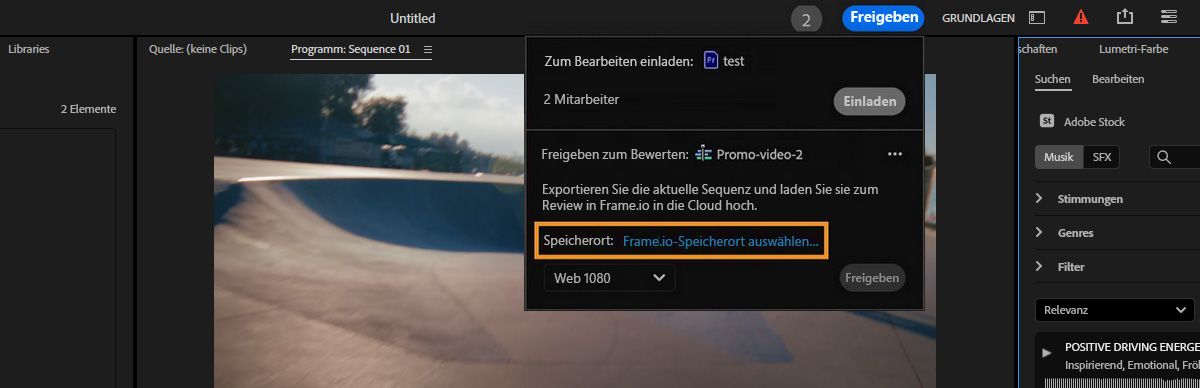 Der Link für den Frame.io-Speicherort ist im Abschnitt „Für Review freigeben“ hervorgehoben. Du kannst diesen Link verwenden, um ein Ziel in Frame.io auszuwählen, wo deine aktive Sequenz live geschaltet werden soll.  