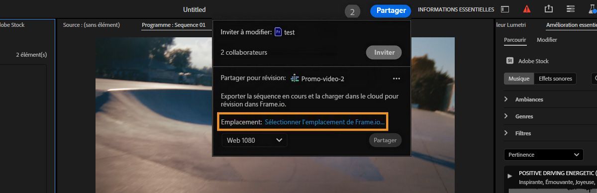 Dans la section Partager pour révision, le lien Sélectionner l’emplacement de Frame.io est mis en surbrillance. Vous pouvez utiliser ce lien pour choisir une destination dans Frame.io pour votre séquence active.  