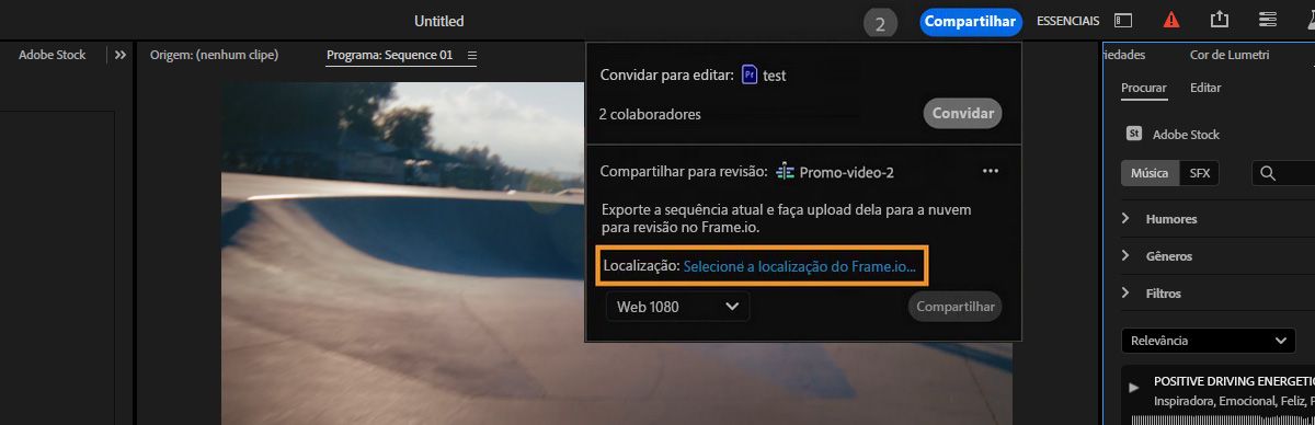 Na seção Compartilhar para revisão, o link Selecionar local do Frame.io é realçado. É possível usar esse link para escolher um destino no Frame.io no qual a sequência ativa será armazenada.  