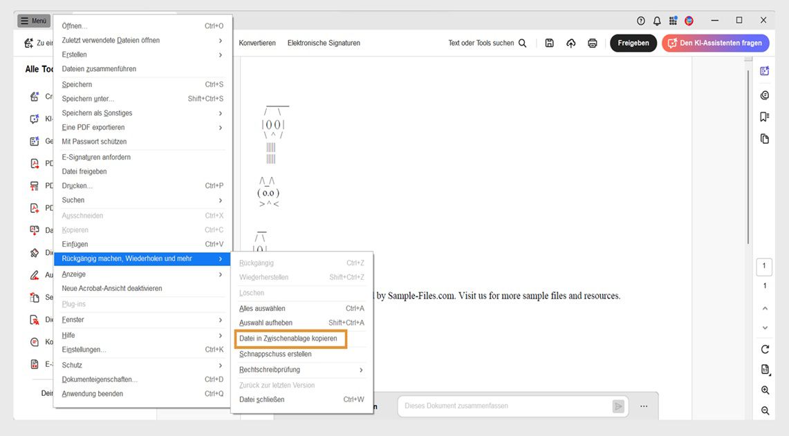 Unter dem Menü „Rückgängig, Wiederholen und mehr“ ist die Option „Datei in Zwischenablage kopieren“ hervorgehoben.