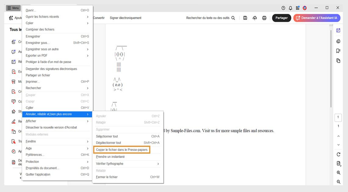 Dans le menu Annuler, Rétablir et plus, l'option Copier le fichier dans le presse-papiers est mise en surbrillance.
