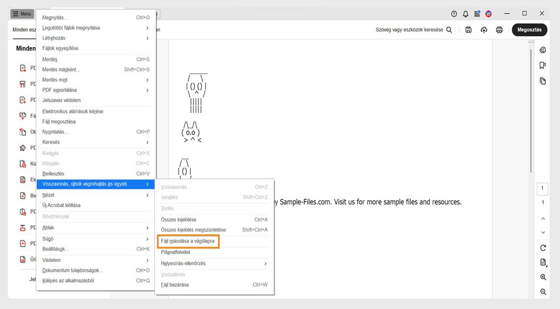 A Visszavonás, Ismétlés és egyebek menüben a Fájl másolása vágólapra opció ki van emelve.