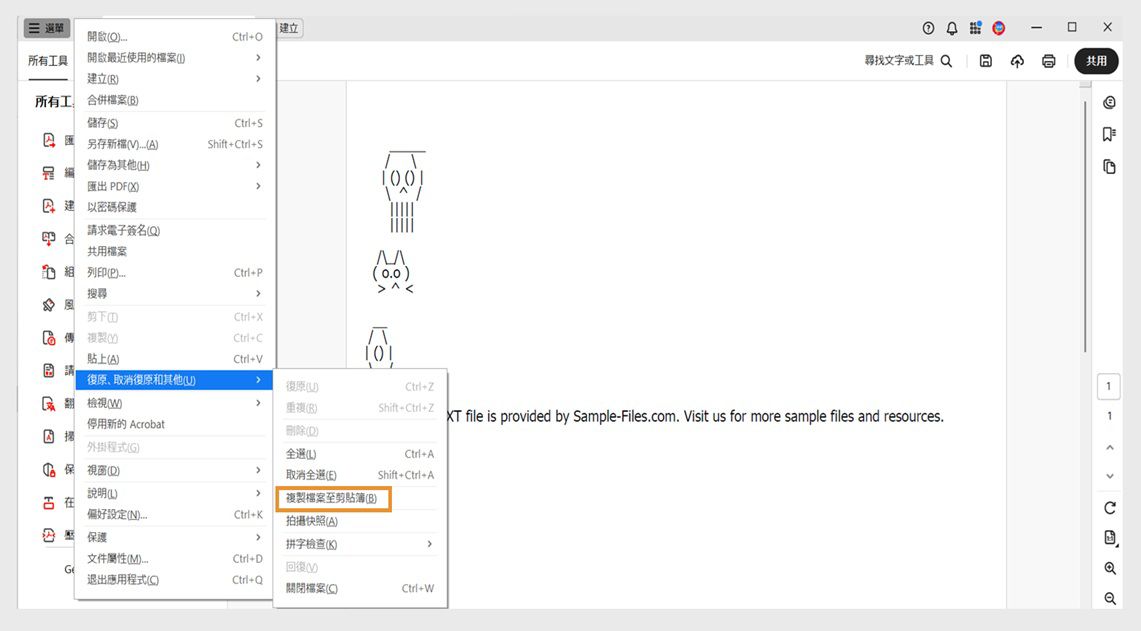 在「復原、重做和更多」選單下，「將檔案複製到剪貼簿」選項已反白顯示。