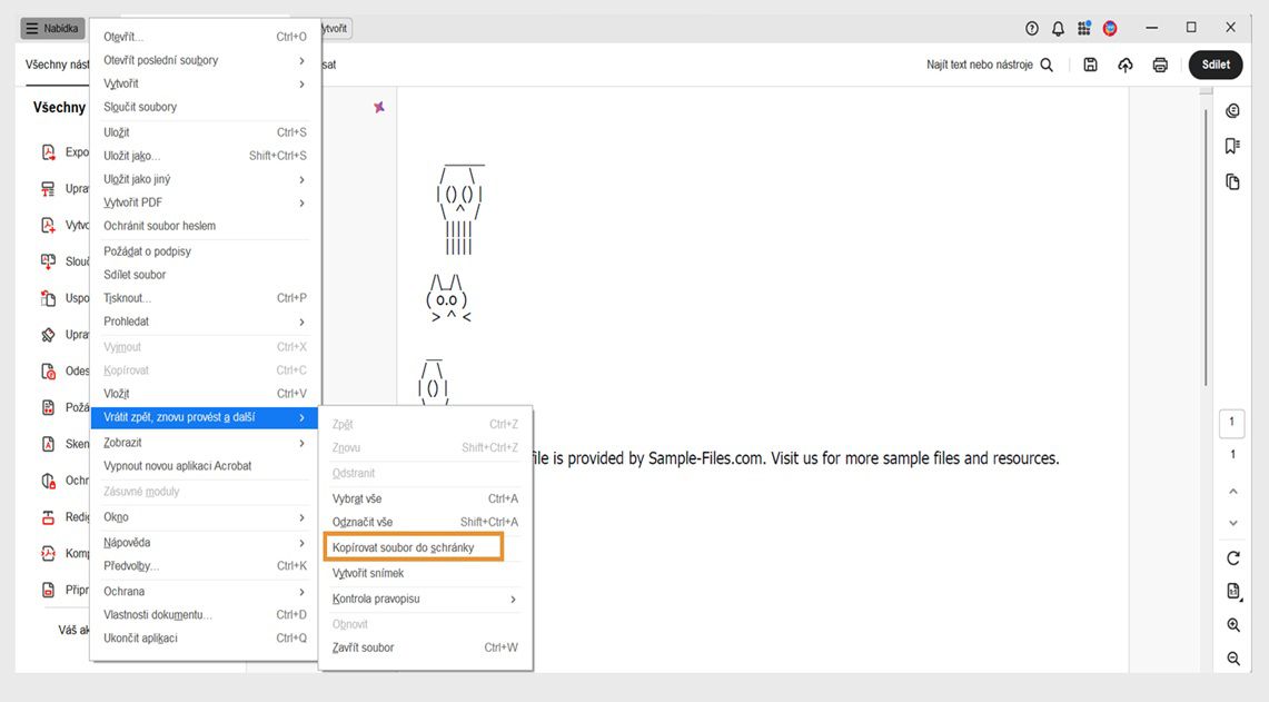 V nabídce Zpět, Znovu a další je zvýrazněna možnost Kopírovat soubor do schránky.