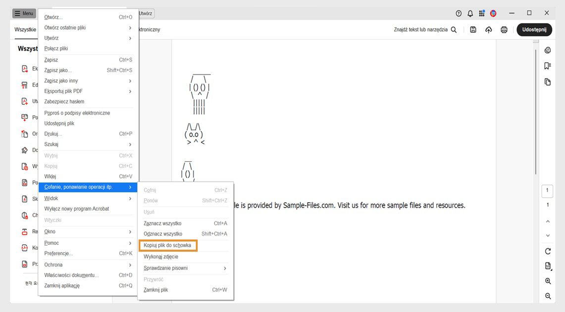W menu Cofnij, ponów i nie tylko podświetlona jest opcja Kopiuj plik do schowka.