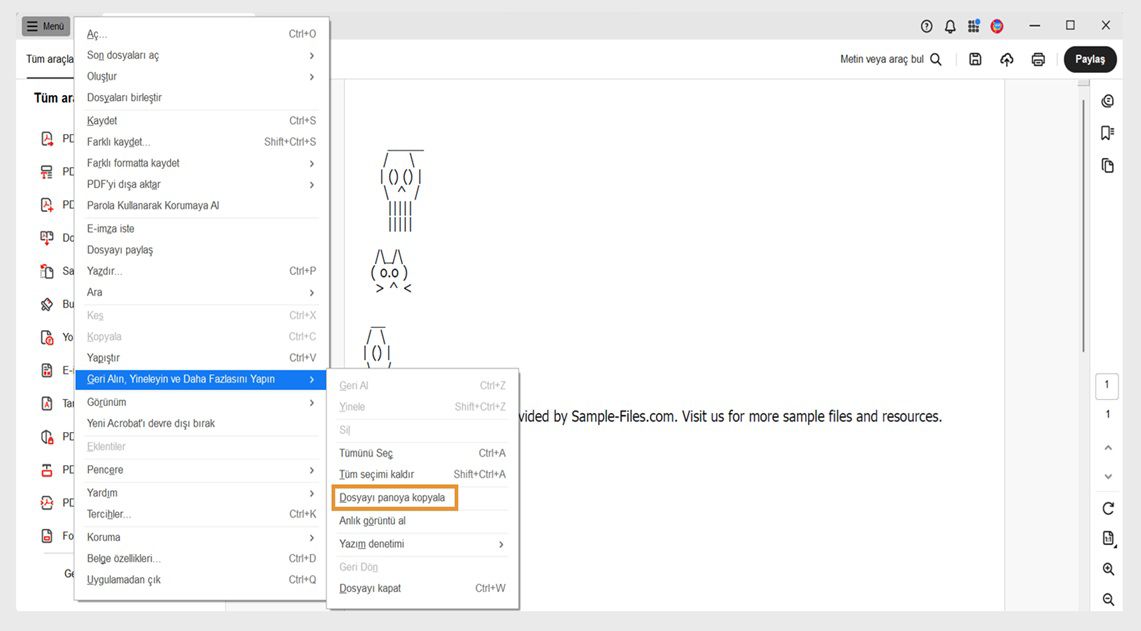 Geri Al, Yinele ve diğer menüsünde Dosyayı panoya kopyala seçeneği vurgulanır.