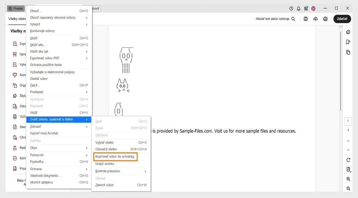 V ponuke Späť, Znova a ďalšie je zvýraznená možnosť Kopírovať súbor do schránky.
