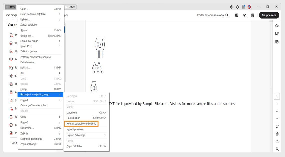 V meniju Razveljavi, Uveljavi in več je označena možnost Kopiraj datoteko v odložišče.