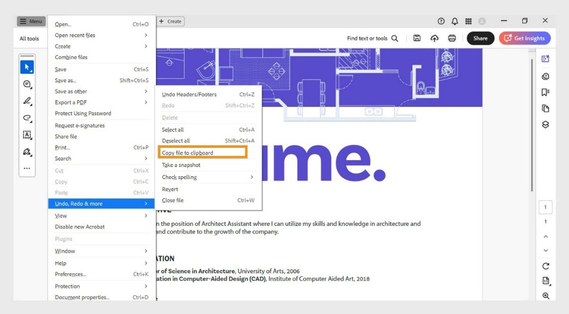 תחת התפריט Undo, Redo & more, האפשרות Copy file to clipboard מודגשת.