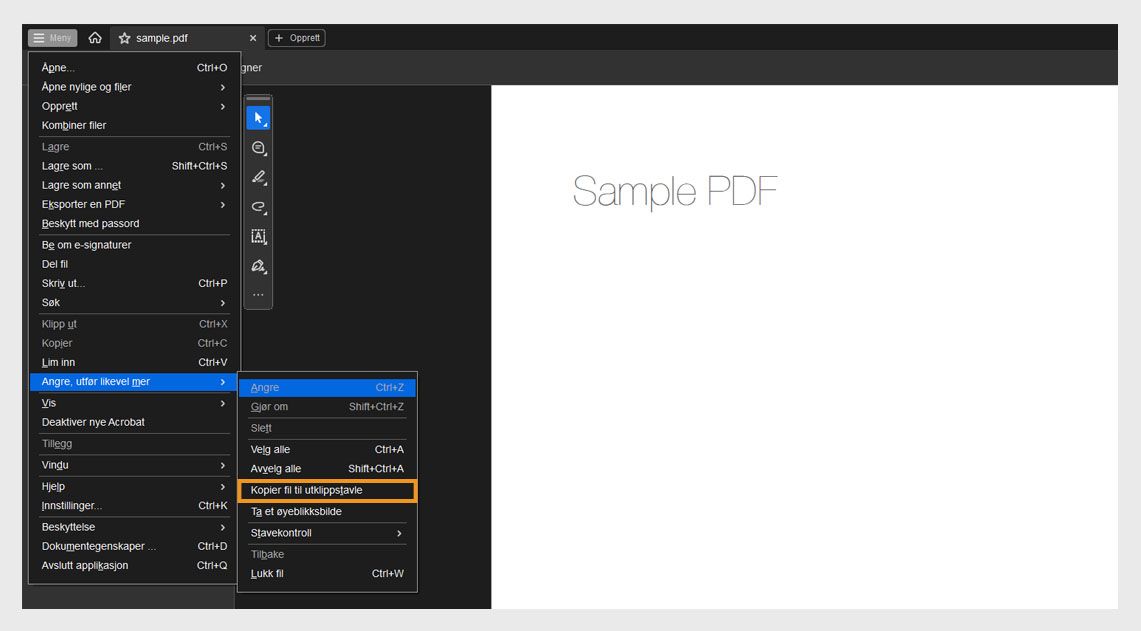 Under menyen «Angre, jør om og mer» er alternativet «Kopier fil til utklippstavle» uthevet.